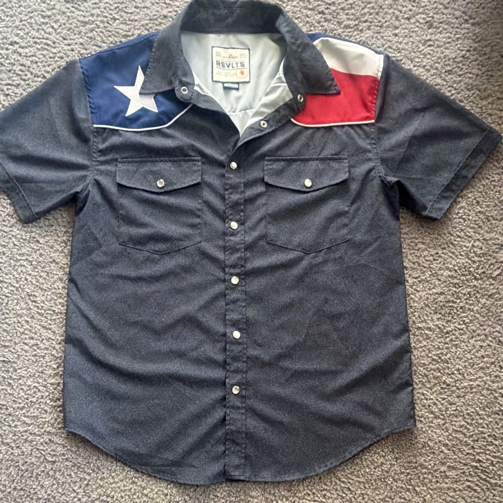 RSVLTS Texas Flag Western Pearl Snap Shirt Mens M Short Sleeve Cowboy Rodeo USA